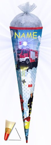 3-D Schultüte - Feuerwehr - mit Licht Effekt - mit Holzspitze 85 cm - incl. Namen - Roth - für Jungen Auto Rettung