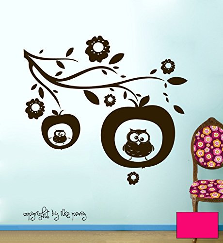 Wandtattoo Wandaufkleber Eule Eulenwandtattoo Eulen im Apfel Baum Apfelbaum M438 - ausgewählte Farbe: *Pink* ausgewählte Größe:*XL 120cm breit x 100cm hoch