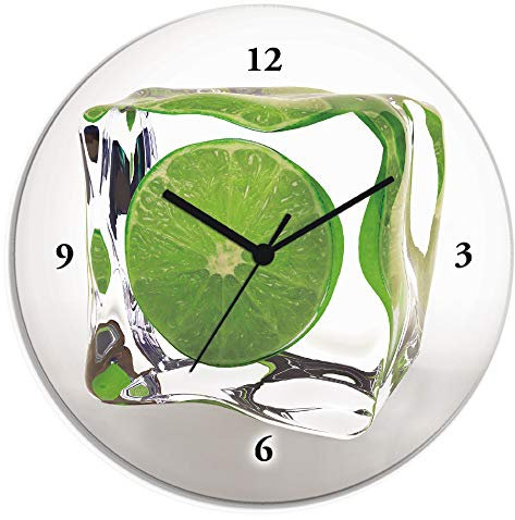 ARTLAND Wanddeko Wanduhr ohne Tickgeräusche Glas Funkuhr Ø 30 cm Rund Lautlos Obst Früchte Limette im Eiswürfel Food Kreativ T5VW