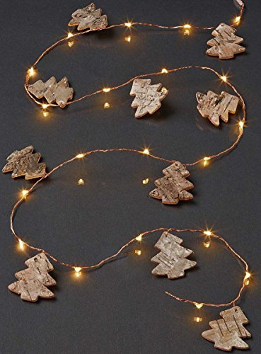 hellum LED Kupferdraht Lichterkette mit Tannenbäumen, 20 LED warmweiß, Tannenbäume aus Holz, batteriebetrieben (3x AA), 520477
