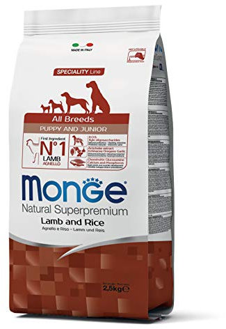 Monge Natural Superpremium Puppy and JUNIOR Lamb and Rice, Hundefutter für alle Rassen (Welpenfutter, Trockenfutter für Hunde mit Lamm & Reis, sehr Ballaststoff- & Vitaminreich, 2,5 kg)