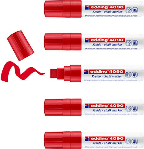 edding 4090 marcador de tiza - rojo - 5 rotuladores de tiza - punta biselada 4-15 mm - rotuladores para cristal borrables - para pizarras, vidrio y espejos - tiza líquida de cobertura opaca