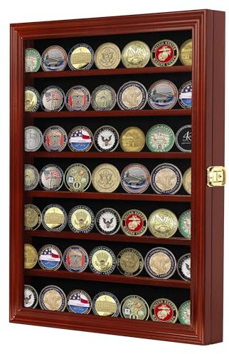 DisplayGifts Militärische Herausforderung Münzvitrine aus Holz, Vitrine mit Echtglastür, abschließbar, Mahagoni-Finish