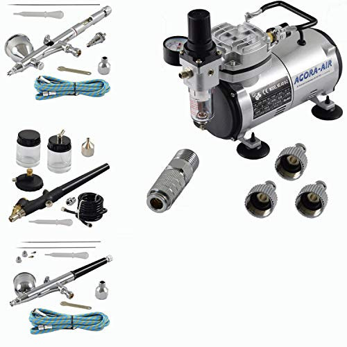 Agora-Tec® Airbrush Komplett-Set EXPERT I.13, inkl. Kompressor mit 4 bar und 20l/min + 3 Airbrushpistolen mit 0,2 & 0,3 & 0,5 & 0,8mm Nadeln/Düsen + 3 Schnellkupplungen + 2 Schläuche + Adapter