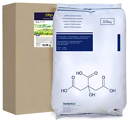 Nortembio Zitronensäure 25 Kg. Konzentrierte Flüssigkeit 100 % Reines Naturprodukt – Zugelassenes Ausgangsmaterial für den Ökologischen Landbau – Vielseitige Haushaltsreinigung – Ohne Gentechnik