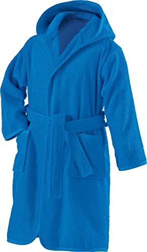 Erwin Müller Kinder-Bademantel mit Kapuze Uni Frottier blau Größe 134/140 - weich, flauschig, saugstark, mit Bindegürtel und Taschen, 100% Baumwolle (weitere Farben, Größen)