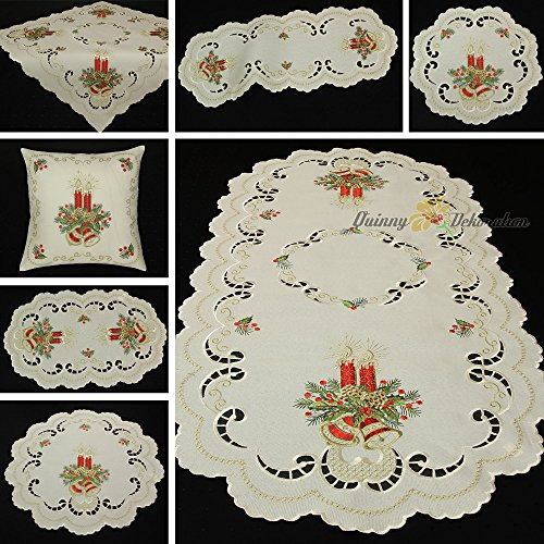 Quinnyshop Weihnachten Creme Rot Gold Leinen-Optik Mitteldecke Tischdecke Tischläufer Kissenhülle - Größe wählbar (ca. 60 cm Rund)