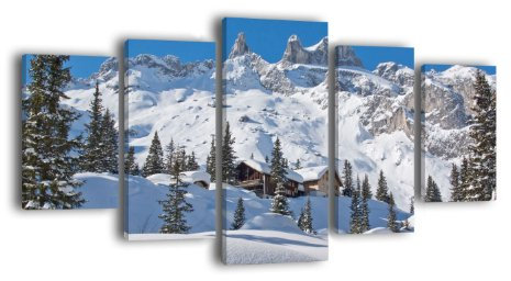 wandmotiv24 Leinwandbild Verschneite Alpen LW366 Wandbild, 5 Teile, 210 x 100 cm, Kunstdruck Canvas, XXL Bilder, Keilrahmenbild, fertig aufgespannt, Bild, Holzrahmen, Gebirge, Winter, Schnee