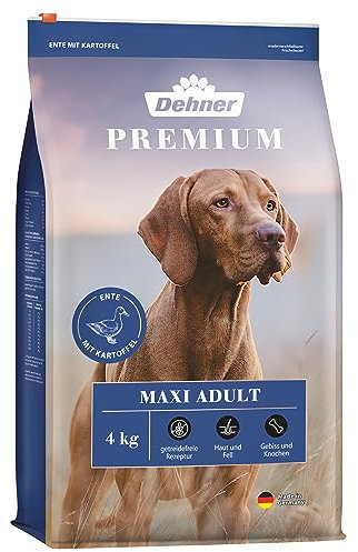 Dehner Premium Hundefutter Maxi Adult, Trockenfutter getreidefrei, für ausgewachsene Hunde großer Rassen, Ente / Lamm / Kartoffel, 4 kg