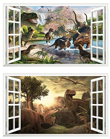 2Pcs Dinosaurier Dino Urzeit T-rex Wandtattoo 3D Effekt XXL Wanddurchbruch Fenster Wandaufkleber für Kinderzimmer Jungenzimmer Größe 1000 mm breit x 600 mm tief (groß)
