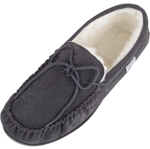 Mocasín para hombre, de lana de cordero con suela de goma, pantuflas bajas, de Snugrugs, color Gris, talla 51