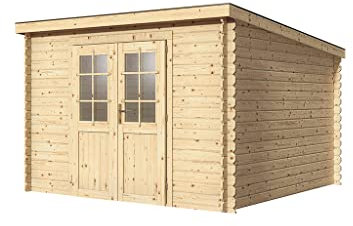 Woodtex Holz Gartenhaus Blockbohlenhaus CA2975 | Wandstärke 28 mm | Naturbelassen | B x T x H: 298 x 309 x 203 cm | Doppeltür Mit Echtglas