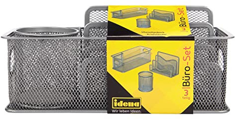Idena 354018 Büro-Set (3-teilig, aus Metall/Drahtgitter, Set enthält: 1 Utensilienbox, 1 Köcher, 1 Briefständer) silber