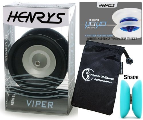 Henrys Viper YoYo (schwarz) Professionelles Kugellager-Jojo + Anleitung mit Tricks und Reisetasche, für Kinder und Erwachsene