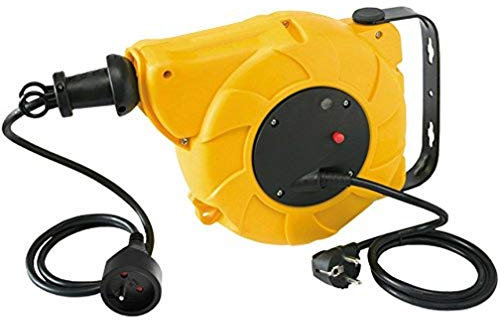 Electraline 209000011 - Avvolgicavo automatico a parete, 4 prese, disgiuntore termico, cavo 3G1 mm², 16 A, 15 m, colore: Giallo/Nero