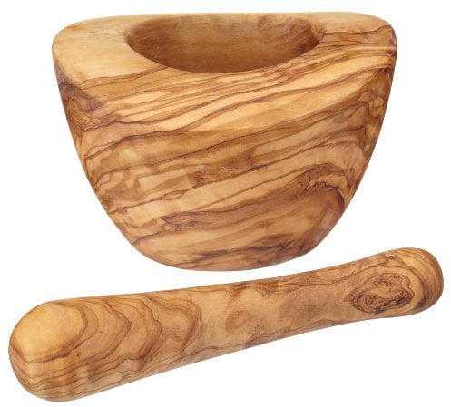 KitchenCraft World of Flavours - Ensemble de Mortier et Pilon en Bois d'Olivier Sculptés à la Main, Marron, 2 Pièces