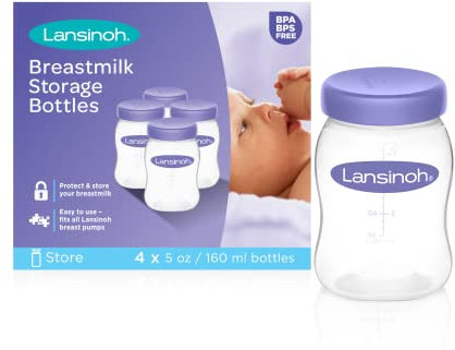Lansinoh Breastmilk Storage Bottles, 4 Count (5 Ounce Each), Dishwasher Safe, Compatible with Any Lansinoh Pump and NaturalWave Nipple, BPA and BPS Free