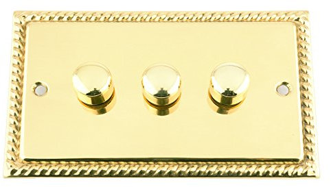Light Dimmer Switch 3 Gang - Push On/Off 400W - Polished Brass - Georgian - 3 Gang 2 Way 10 Amp