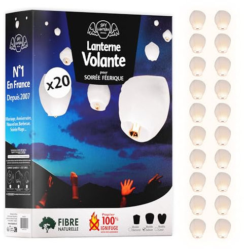 SKYLANTERN® 20x Lanterne Volante Chinoise 100% Biodégradable Blanche – Lot de 20 Lampions en Papier Écologiques 100x60 cm – Idéal Pour Mariage, Fêtes, Nouvel An Chinois 2025, Noël, Anniversaires