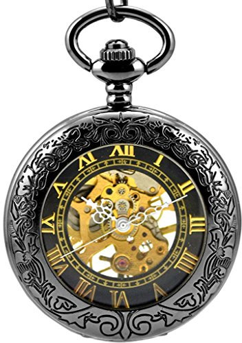 Stayoung Steampunk Antiguo Negro Números Romanos Cuerda Manual Reloj de Bolsillo Mecánico Colgante Cadena Lupa Caballero Negro