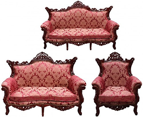 Casa Padrino Barock Wohnzimmer Set Bordeaux Muster/Braunrot - 3-er Sofa + 2-er Sofa + 1 Sessel - Barock Möbel