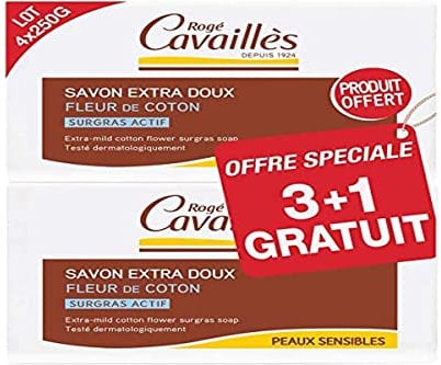 Rogé Cavaillès Savon Extra Doux Fleur de Coton Lot de 3 x 250 g + 1 Gratuit