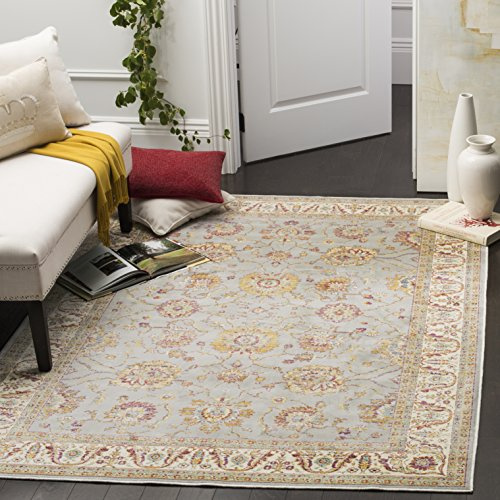 SAFAVIEH Sevilla Collection Accent Rug - 4' x 5'7, Silver & Ivory, Vintage Distressed Viscose Design, Ideal for High Traffic Areas in Entryway, Living Room, Bedroom (SEV811F)