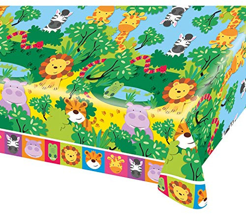 Amscan 9901918 - Tischdecke Dschungel Tiere, 1 Stück, Größe 120 x 180 cm, Kunststoff, wasserabweisend, mehrfarbige Tiermotive, Löwe, Tiger, Giraffe, Nilpferd, Kinderparty, Mottoparty, Geburtstag