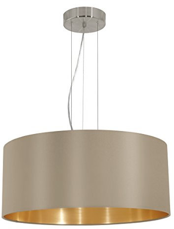 EGLO Pendellampe Maserlo, 3 flammige Textil Pendelleuchte, Hängeleuchte aus Stahl und Stoff, Farbe: Nickel matt, taupe, gold, Fassung: E27, Ø: 53 cm