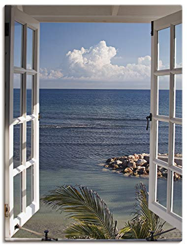 ARTLAND Wanddeko Leinwand Bilder Wandbild 60x80 cm Fensterblick Fenster zum Paradies Strand Meer Maritim Palmen Landschaft T9II
