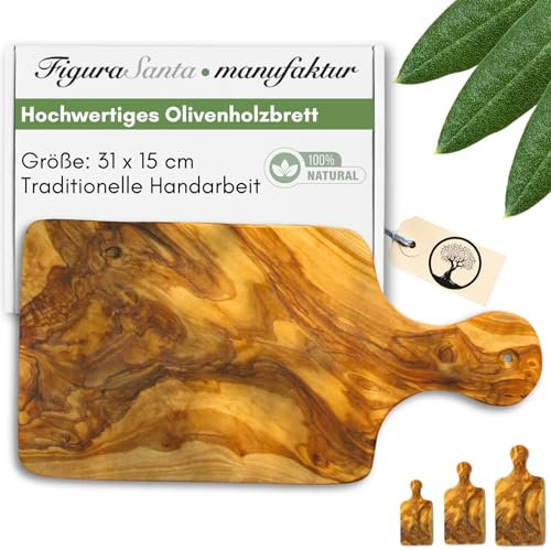 Figura Santa Olivenholz Olivenholzbrett mit Griff, Schneidebrett, Servierbrett, Handgefertigt seit 1988, Rustikales Holzbrett für die Küche,Käsebrett und Antipasti Servierplatte, (30 cm)