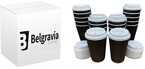 1000 x Ripple Black 8oz Belgravia Cups & Lids Kraft Insulated Cup Tea Coffee Disposable