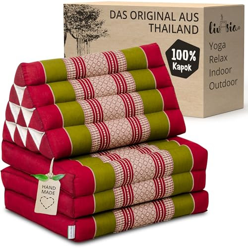 livasia Thaikissen mit 3 Auflagen - 175x50x8cm - Dreieckskissen mit Klappmatratze, Keilkissen Kapok, Rückenkissen faltbar, Thaimatte zum Klappen, handgefertigt, Meditationskissen (Rot/Grün)
