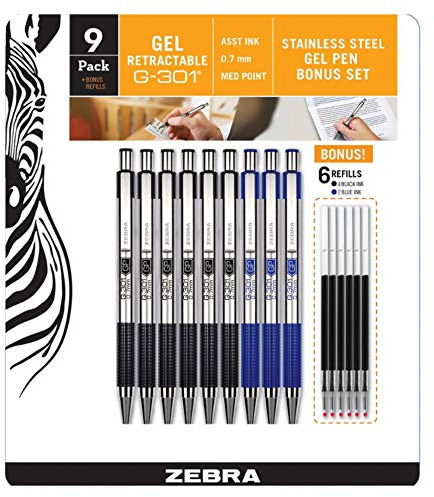 Zebra Pen G-301 Retractable Gel Pen, 0.7mm Medium Point, Stainless Steel Barrel, Textured Grip, 6 Black & 3 Blue Pens W/ 6 Refill Cartridges
