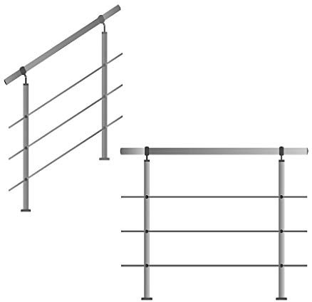 TIBU Edelstahl Handlauf Geländer 1m - 6m Treppen Brüstung Balkon, Länge 1.0m inkl. 2 Pfosten 3 Querstangen)