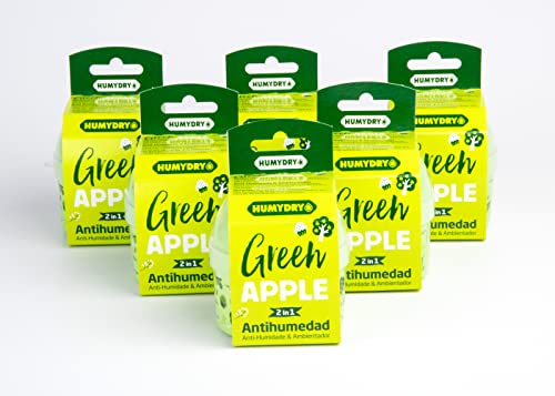 6er-Set HUMYDRY® Mini 75g Luftentfeuchter Green Appel- Absorbiert zu hohe Feuchtigkeit und verleiht gleichzeitig einen angenehmen Duft - Funktioniert ohne Strom oder Batterien