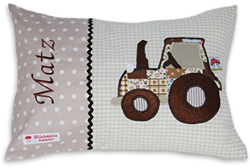 Glückspilz Namenskissen Babykissen I Traktor Trecker I Dekokissen Kind mit Namen Bestickt personalisiert I Braun Beige I 25 x 35 cm