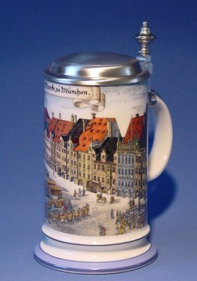 Markt München bunt Bierseidel Bier-Krug Galeriekrug mit Zinndeckel 0,5l Beermug Becher Stein