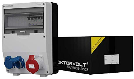 Doktorvolt Stromverteiler TD-S mit Mennekes Steckdosen-Kombination 2x 230V Schuko 1x 32A CEE, mit LS-Schalter, Baustromverteiler mit Sicherheitsklappdeckeln Wandverteiler komplett verdrahtet IP44