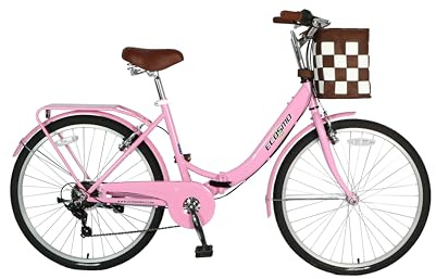 ECOSMO 26 Ladies Folding Bike,Women's bike with 7-Speed Shimano Gears, Sturdy Fold Up Bike for City Commute, Folding Bicycle with Rear Rack+ Front Basket, Fitness Bike for Adults 150-180cm