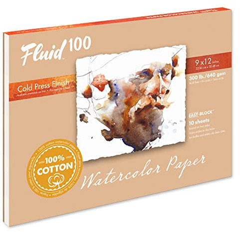 Fluid 100 Artist Watercolor Block, 300 lb (640 GSM) 100% Cotton Cold Press Pad for Watercolor Painting and Wet Media w/Easy Block Binding, 9 x 12 inches, 10 Sheets