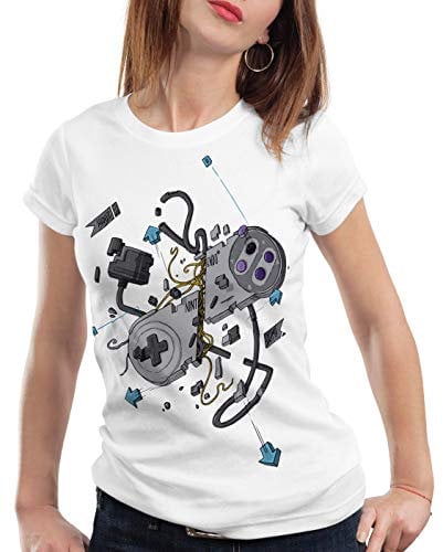 style3 16-Bit Controller T-Shirt Damen SNES NES Kart Yoshi Luigi Mario, Farbe:Weiß, Größe:S