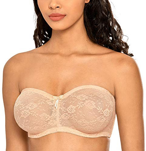 DOBREVA Donna Reggiseno Pizzo Senza Spalline Non Imbottito con Ferretto Invisibile Spalline Removibili Beige 3C