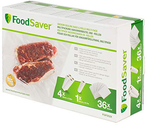 FoodSaver, wiederverwendbare Vakuumbeutel | für FoodSaver Lebensmittel-Vakuumierer | BPA-frei | 4 Rollen Vakuumbeutel (28 cm x 5,5 m) | 1 Rolle Vakuumbeutel (20 cm x 6,7 m) | 36 Vakuumbeutel (950 ml)