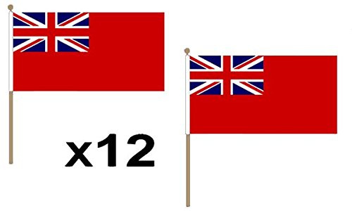 Pack Of 12 (9 x 6) Red Ensign Merchant Navy Naval Hand Waving Flags 30cm Wooden Pole Ideal For Party Conferences Office Display