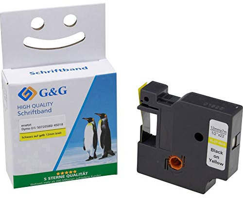 G&G Schriftband Kompatibel 45018 für Dymo D1 45018 S0720580 Schriftband 12mm x 7m für Dymo LabelManager 160 210D 360D 280 420P 500TS PnP Dymo Labelpoint 250 150 100 200 Schwarz auf Gelb