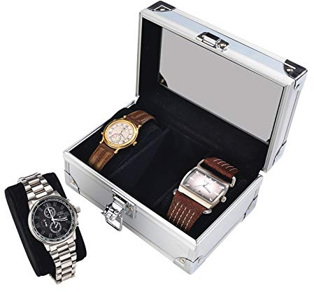 Burwells Mens Aluminium Watch Case – Metal Hard Shell Wristwatch Storage Holder Protector with 3 Lined Compartments, Pull-Out Cushions, Clear Lid & Clasp Closure – Holds 3 Watches, H8 x W17 x D11cm