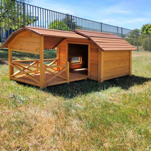 Animal Valley - Nicho para perro Cheyenne con terraza - Madera - L 212 x 99 x 88,5 cm - Talla XL - Beige y Marrón - para perros grandes