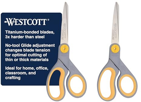 Westcott 8” Titanium Bonded Scissors with Adjustable Glide and Soft Handle, 2-Pack- Durable Multipurpose Scissors for Office, Home, and School Use, Sharp Precision Blades for Everyday Cutting