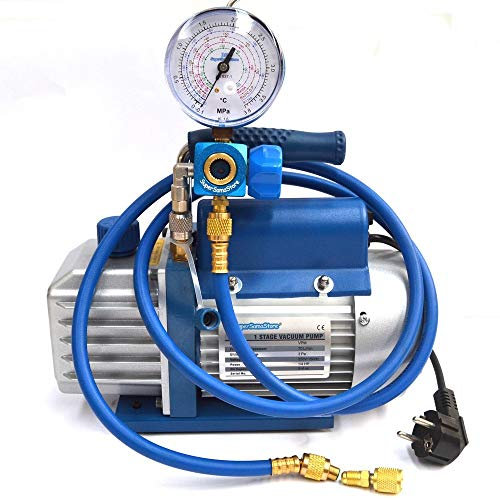 3S SuperSamaStore Kit Pompa Carica e Vuoto, Set Manutenzione/Ricarica Gas Refrigerante per Impianti Climatizzazione, Kit Pompa Vuoto 70 Lt/Min, Manometro-Vacuometro per R32 R410A R407C R134A e Frusta